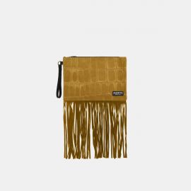 Pochette Frasette in pelle scamosciata senape stampa cocco con frange M