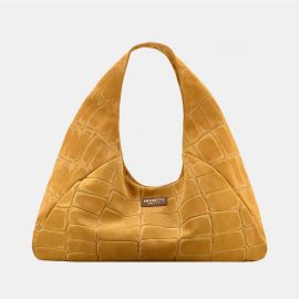 Hobo bag Frasette in pelle scamosciata senape stampa cocco L